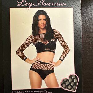 NEW Leg Avenue black Net Long sleeved crop top & matching bottoms One size